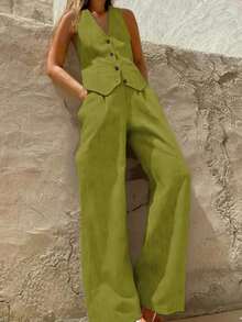 两件套女士纯色纽扣深V领无袖背心搭配高腰阔腿裤（带口袋），休闲套装，适合夏季、毕业典礼、度假等场合。亚麻色套装，春夏休闲两件套，度假装，女装，复古风格，圣帕特里克节服装，复活节连衣裙 - 淺綠色 - 查看 1