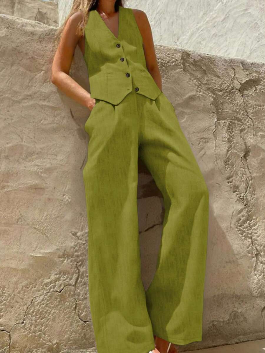 两件套女士纯色纽扣深V领无袖背心搭配高腰阔腿裤（带口袋），休闲套装，适合夏季、毕业典礼、度假等场合。亚麻色套装，春夏休闲两件套，度假装，女装，复古风格，圣帕特里克节服装，复活节连衣裙 - 淺綠色 - 查看 1