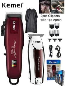 Kemei 2pcs/Set Hair Cutting Kit, Includes Hair Cutting Apron, Electric Hair Clipper KM-PG2600, Professional Hair Trimmer KM-9163, Zero Gap Men's Hair Clipper, Adjustable Hair Trimmer Set - Burgundy - View 2
