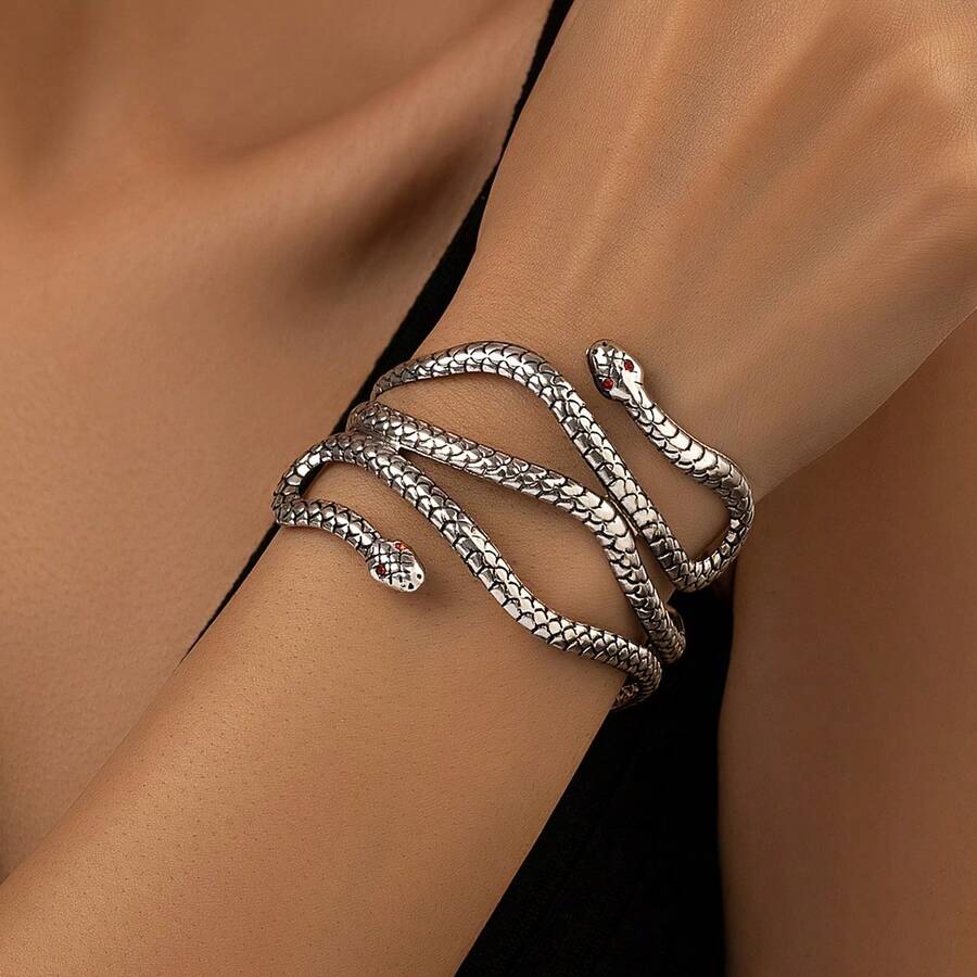 Nostalgic Punk Double Snake Design Bracelet Animal Decoration Silver Hand Jewelry - [bạc] - Xem 1