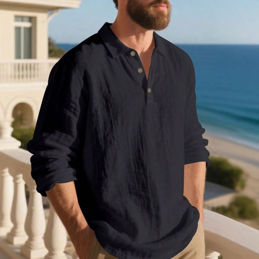 Camisa polo de manga larga de lino negro, de corte holgado y ligero, para primavera/verano, con diseño de botones de media cartera, transpirable y c?