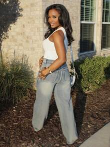 Steph T 女式水钻装饰直筒蓝色牛仔裤，性感派对裤，新年夜，节日派对裤，圣诞节 - 深色水洗藍 - 查看 4