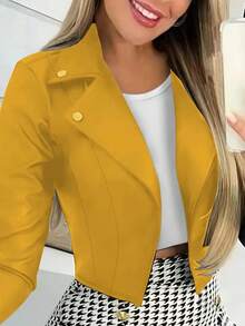 1件女款優雅時尚通勤短款翻領長袖開襟針織西裝外套，附鈕扣細節 - 黃色 - 查看 3