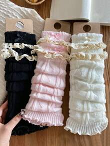 1/2/3 Cặp tất chân nhiều màu cho nữ, tất chân thon gọn, tất chân cao đến đầu gối có nơ xếp nếp ren dệt kim trang trí hình trái tim, đa năng cho mùa xuân/thu/đông, ấm áp - Nhiều màu - Xem 2