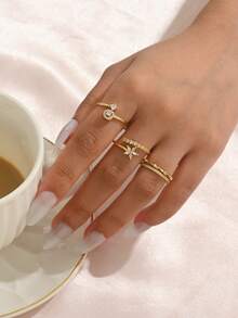 3pcs Minimalist Geometric Zirconia Rings, Women's Daily Party Gift - Yellow Gold - View 3