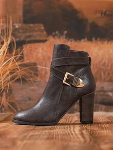 女士高跟踝靴，新款秋冬棕色粗跟尖头性感时尚百搭靴，柔软皮革搭扣中筒踝靴，英伦风显瘦踝靴 - 鏽棕色 - 查看 6