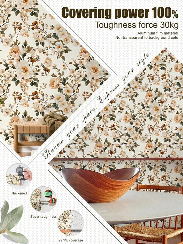 1 rollo de 1m/3m/5m de papel tapiz de estilo artístico vintage beige con hojas y flores, adecuado para renovación del hogar, decoración de habitaciones, restauración de gabinetes, decoración de baños, paredes de vinilo, papel tapiz de aluminio, con fondo no transparente, para cubrir manchas, flexible, fácil de limpiar, papel tapiz autoadhesivo, pegatinas de pared, decoración de pared