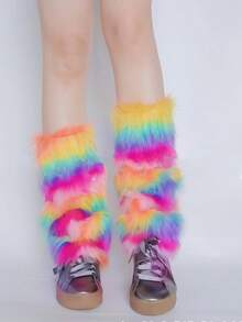 1双女士毛绒腿套，25厘米彩虹豹纹Y2K风格腿套，适合派对穿着，舒适保暖 - 彩色 - 查看 4