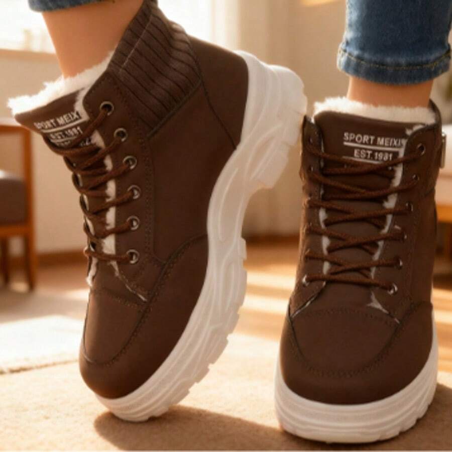 Women's Ankle Boots, Black Short Boots, Fur Lined For Warmth, Snow Outdoor Boots - màu nâu - Xem 1