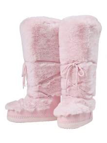 Knee High Boots For Women,Fuzzy Flat Round Toe Rhinestone Lace-Up Slip On Warm Shoes Winter Outdoor Party Chirstmas And Halloween Snow Boots - Hồng - Xem 10