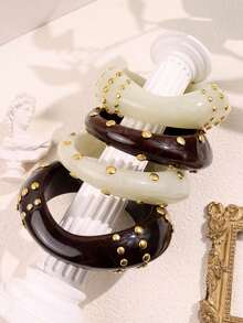 1pc Vintage Asymmetrical Resin Bracelet With Gold/Silver Rivet Buttons, Brown & White Tie Dye, Fashionable & Elegant Thick Jewelry For Women, Suitable For Autumn/Winter - Multicolor - View 10