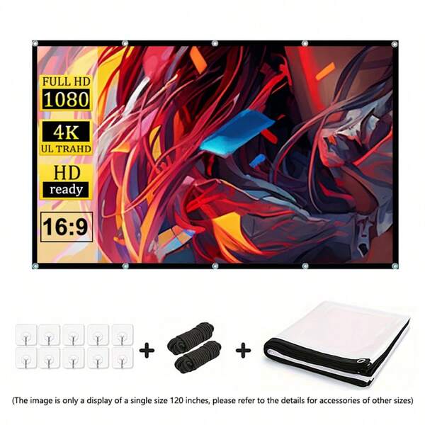60 Inch | 72 Inch | 84 Inch | 100 Inch | 120 Inch | 150 Inch | 16:9 Portable Projection Screen With Rope -4K High-Definition Foldable, Suitable For Outdoor Camping, Office And Home Theater - Reusable And Easy To Clean, Multiple Hanging Options, Can Be Used Indoors And Outdoors