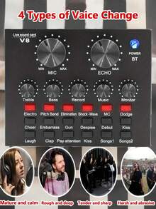 Carte son en temps réel V8 Mixeur en temps réel Convertisseur de voix Carte son avec plusieurs effets sonores Enregistrement sur ordinateur Convient pour la maison KTV Conversation vocale