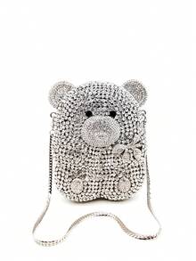 超迷你银色水钻可爱熊形钱包，动物宝石设计晚宴包，奢华水晶手拿包，适合婚礼新娘、舞会和晚宴活动，是送给女孩的最佳圣诞礼物（带盒子，不能放手机） - 銀色 - 查看 12