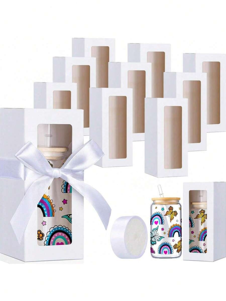 2 cái/10 hộp quà tặng có ruy băng để triển lãm hộp thủy tinh thăng hoa hộp quà trong suốt cho ly uống nước 12oz 16oz 20oz lọ thủy tinh thăng hoa hộp quà cốc bao bì quà tặng phù dâu đám cưới, bao bì quà tặng mùa tốt nghiệp, bao bì quà tặng ngày lễ tình nhân ngày của mẹ (trắng đen) - Nhiều màu - Xem 1