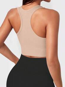 Yefecy Soutien-gorge de sport en tricot côtelé de couleur unie de base, soutien-gorge de sport sans fil pour femmes avec maintien, vêtements de sport pour femmes - Nude - Voir 3