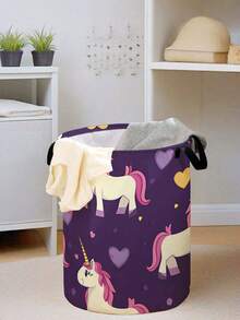1pc Cartoon Pony Print Foldable Large Capacity Round Storage Basket With Handle, Multipurpose Storage Bin For Nursery, Baby Diaper, Clothes, Toys And Accessories Organization