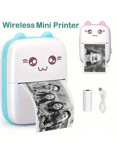 1 Stück kompakter tragbarer Mini-Thermodrucker mit niedlichem Katzen-Design, USB-aufladbar, Foto- & Etikettendruck, inklusive USB-Kabel & tintenfreies Set, ideal für Reisen & Zuhause, Fotodruck | USB-aufladbarer Drucker
