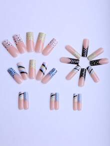 24 piezas de uñas postizas francesas largas y cuadradas con rayas de gel de colores contrastantes, lunares, aptas para damas y niñas en fiestas, citas y salones de manicura, con 1 pieza de pegamento de gelatina y 1 pieza de lima