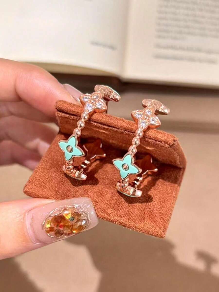 1pc French Retro Luxurious High-End Glazed Rhinestone Four-Leaf Flower Earrings, Fresh And Sweet Floral Design, Versatile For Women's Daily, Festival, Party Wear, Girlfriend/Best Friend Gift (Shipped Without Box And Clip)