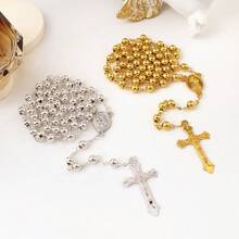 1pc Stainless Steel Religious Christian Necklace, Women's Virgin Mary & Jesus Cross Pendant Long Beaded Chain, Fashion Jewelry