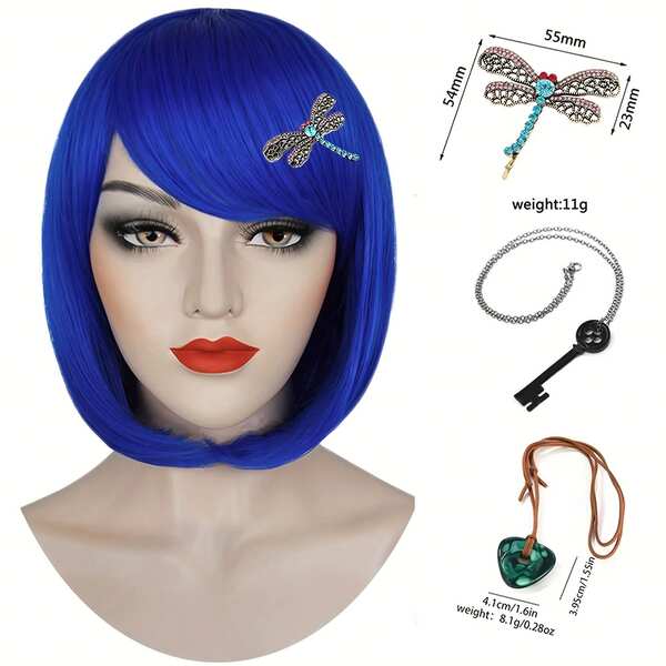 Blue Wig Short Blue Bob Wigs For Costume Girls With Necklace Dragonfly-Hairpin Pendant Bob Hair Wig With Bangs Cute Synthetic Wigs For Party Halloween