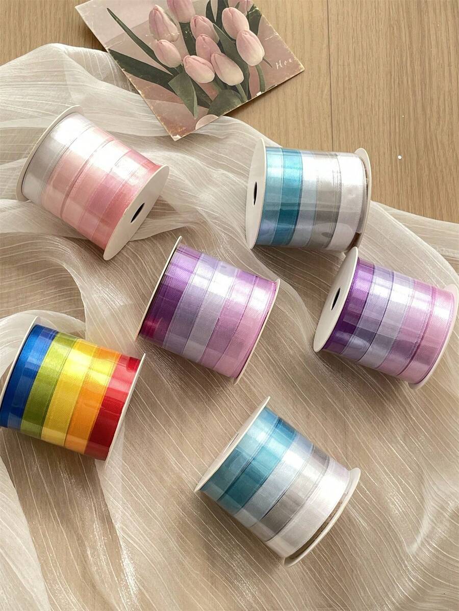 1卷多色渐变色涤纶丝带，礼品包装，花卉DIY，工艺装饰缎带，高端薄纱丝带，用于花束，生日礼物包装，用于返校礼品包装，节日，花束，蛋糕包装和装饰，圣诞节情人节 - 彩色 - 查看 1