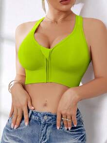 Sujetador deportivo sin costuras y con cremallera frontal de alta intensidad para mujer, adecuado para primavera, verano, otoño e invierno - Verde - Ver 4