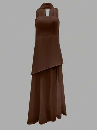 女士优雅无袖雪纺拼接纯色连衣裙，梭织面料，优雅适合海滩、晚间约会、夏季