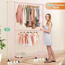 Heavy Duty Clothing Racks Hanging Clothes Rack, 43 Wide Rolling Garment Rack Metal Clothing Hanger Rack With Wheels Wardrobe Rack Coats, Shirts, Dress, Black - Pink + Double Rod - View 3