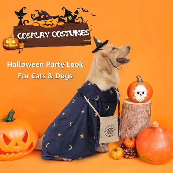 Deluxe Dog Halloween Outfit With Attached Treat Pocket Cape And Matching Hat For Small Middle Large Breeds