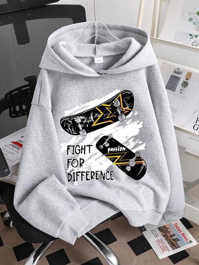 Tween Boy Cartoon Skateboard Graphic Print Warm Hoodie