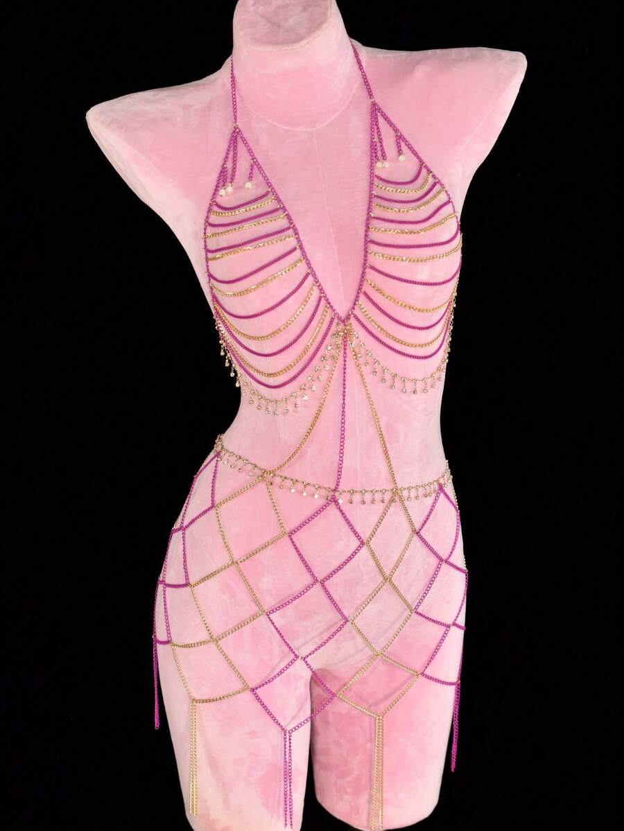 1pc Top + Skirt Metallic Dress, Shiny Crystal Tassel Body Chain For Beach, Party, Bikini