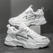 男士轻便透气网眼户外休闲运动鞋，日常街头潮流黑白 PU 皮革拼接低帮跑步鞋，大码厚底运动鞋，适合所有季节 - 白色 - 查看 17