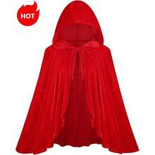 Red & Burgundy Halloween Velvet Cloak, Short Ruched Lace Trim Hooded Cape