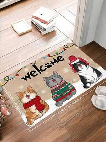 1 pieza Felpudo de gato de invierno, Felpudo de bienvenida de gato divertido, Felpudo navideño de gato, Decoración navideña, Alfombra de baño súper suave - Material de terciopelo, Adecuado para decoración de baño y sala de estar Alfombra de baño Alfombra de baño Alfombra de cocina