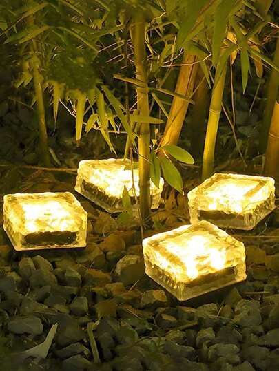1/2/4/6pcs Warm Light Solar Power Square Ice Brick Lights, Landscape Pathway Lights, Garden Decor Mood Lamps With Auto Sensor, Suitable For Yard, Lawn, Walkway, Stairs, Patio, Park - Warm Light, Glass Shell, Auto Sensing - Turns On At Dusk, Turns Off At Dawn