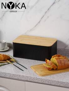 NYKAINMAN Boîte à pain en métal blanc/noir réutilisable avec couvercle en bois - Récipient de rangement de cuisine rectangulaire pour conserver le pain, les toasts, les fruits et les légumes - Multicolore - Voir 13