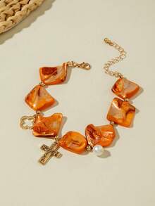 imoli 1 pieza Pulsera de estilo bohemio minimalista con colgante de perla, cruz y trébol, para mujer, regalo perfecto para playa, viajes y vacaciones (teñido artificialmente, puede tener un ligero desvanecimiento del color)