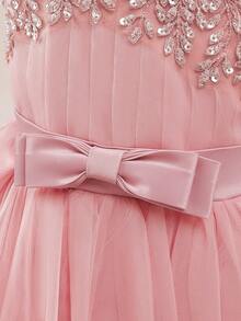 少女圆领亮片蝴蝶结薄纱优雅长裙，适合正式场合、花童婚礼等，不含头饰 - 藕粉色 - 查看 7