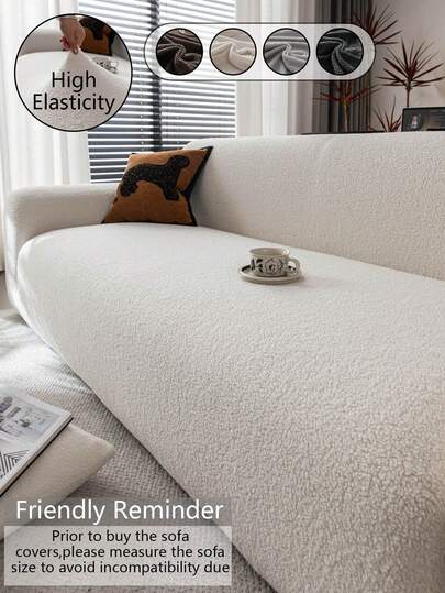 1pc Teddy Plush Sofa Cover, Stretch Multi-Purpose Full Sofa Slipcover With Geometric Pattern Design, Warm Fuzzy Fabric For Winter, Sofa Protector & Holiday Decor, Includes 1 Pillow Case