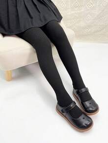 1pc Children's Pure Cotton Solid Striped Knit Fashionable Versatile Comfortable Simple Pantyhose - Black - View 2