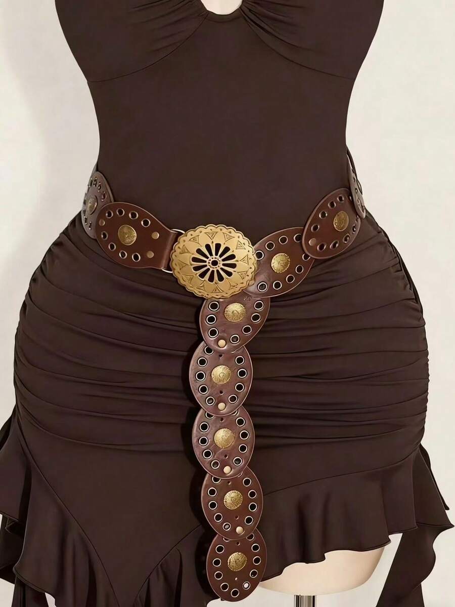 1pc Western Cowgirl Boho Punk Style Fashion Accessory, Women's Hollow Flower Oval Buckle Decor Boho Belt, Suitable For Daily Commute, Hangout With Friends, Vacation Dinner, Dance Party, Music Festival, Gift For Friends, Family, Mother, Girlfriend On Birthday, Valentine's Day, Mother's Day - 黑色 - 查看 1