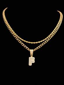 2pcs/Set 1pc Cubic Zirconia Letter Pendant & 2pcs Stainless Steel Chain Necklaces, 26 English Letters, Unisex Fashion Classic Hip Hop Vintage Pendant Necklaces, Suitable For Daily Wear Or Parties, Gift For Lover - Yellow Gold - View 34