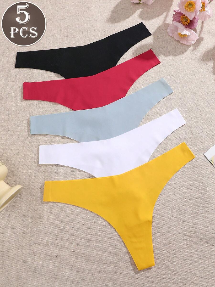 5pcs/Pack Women's Comfortable Seamless Low-Rise Sexy Thong Panties, Multi-Color - Multicolor - View 1