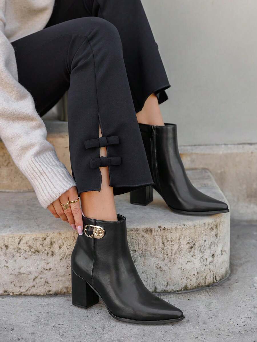 Bottines femme élégantes à talon bloc avec boucle dorée – نوير، مارون، بوردو - الأسود - مشاهدة 1