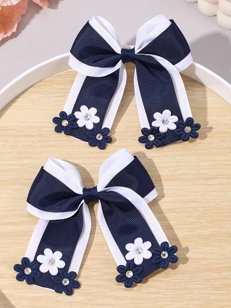 2pcs Back To School Girls Navy Blue & White Floral Hair Clips, Casual Fabric Flower Bow Hair Accessories - Multicolor - View 1