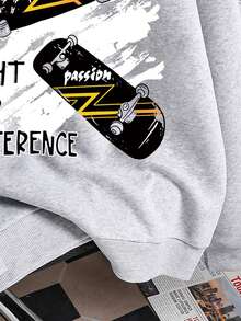 Moletom Quente com Estampa Gráfica de Skate Cartoon para Meninos Pré-Adolescentes - Cinza - Visão 5