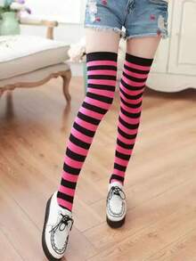1 Pair Women's Christmas Striped Thigh High Socks, Suitable For Stage Performance, Cosplay, Party, Winter Warmth, Y2K Style - Multicolor - View 5