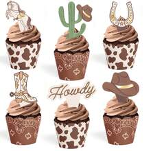 24pcs/Set,Western Cowboy Cupcake Wrappers + Toppers - Rodeo Birthday Cake Decoration,Cow Print Bandana Cupcake Liners Horse Cactus Horseshoe Howdy Picks For Wild West Cowboy Birthday Party Supplies - Multicolor - View 1